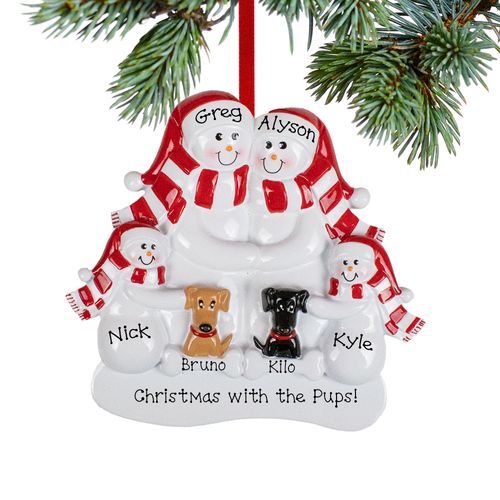 Personalized Snowman Family of 4 with Brown and Black Dogs