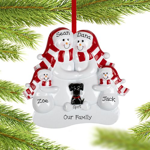 Personalized Snowman Family of 4 with 1 Black Dog