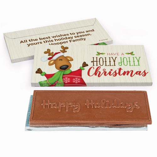 Deluxe Personalized Holly Jolly Reindeer Christmas Chocolate Bar in Gift Box