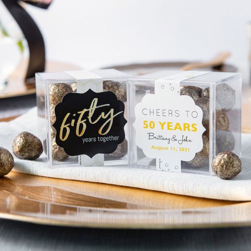 Personalized 50th Anniversary JUST CANDY® favor cube with Premium Sparkling Prosecco Cordials - Dark Chocolate