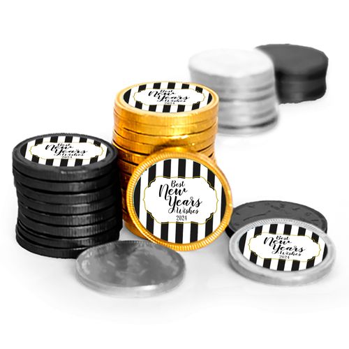 New Year's Eve Black Stripes Assorted Chocolate Coins with Black, Silver & Gold Foil (84 Count)