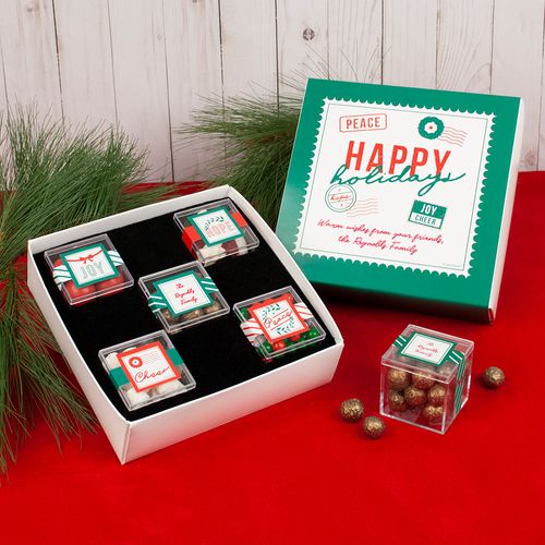 Personalized Happy Holidays Premium Gift Box with 5 JUST CANDY® favor cubes