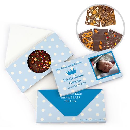 Personalized Bonnie Marcus Birth Announcement Baby Boy Polka Dots & Crown Gourmet Infused Belgian Chocolate Bars (3.5oz)