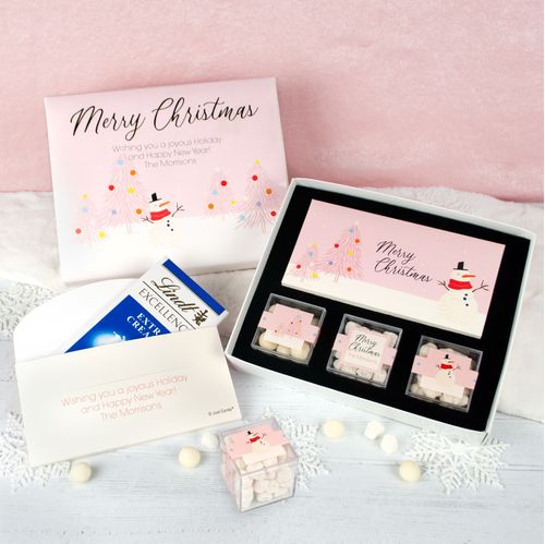 Personalized Blush Christmas Premium Gift Box with Lindt Milk Chocolate Bar & 3 JUST CANDY® favor cubes