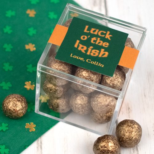 Personalized St. Patrick's Day JUST CANDY® favor cube with Premium Sparkling Prosecco Cordials - Dark Chocolate