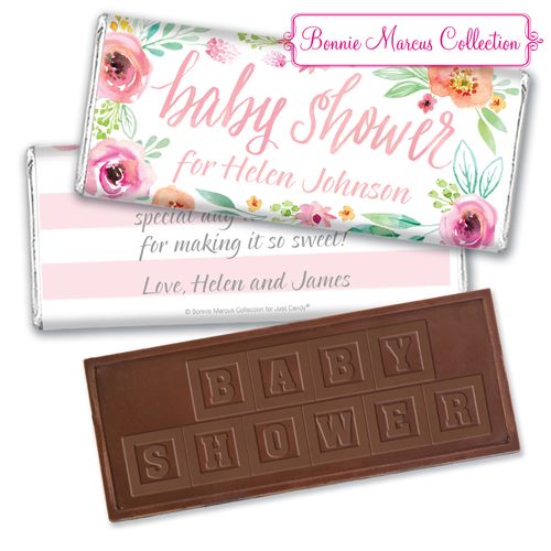 Personalized Bonnie Marcus Embossed Chocolate Bar & Wrapper - Baby Shower Pink Watercolor Wreath