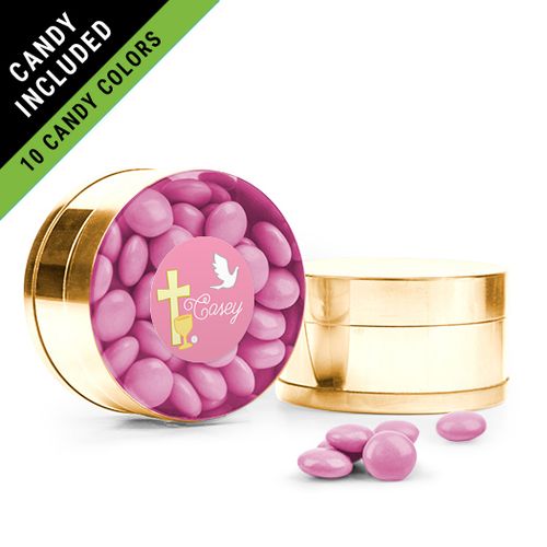 Personalized Girl First Communion Favor Assembled Small Round Plastic Tin Filled with Just Candy Milk Chocolate Minis