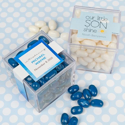 Personalized Boy Birth Announcement JUST CANDY® favor cube with Jelly Belly Jelly Beans
