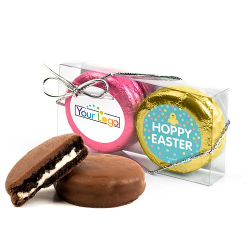 Add Your Logo Easter Blue Dots 2Pk Pink & Gold Foiled Chocolate Covered Oreo Cookies