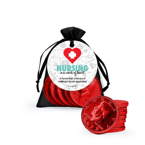 Personalized Nurse Appreciation Work of Heart Milk Chocolate Coins in Organza Bags with Gift Tag