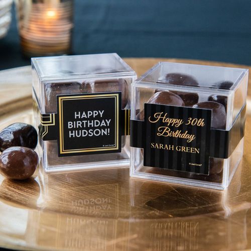 Personalized Milestone 30th Birthday JUST CANDY® favor cube with Premium Milk & Dark Chocolate Sea Salt Caramels