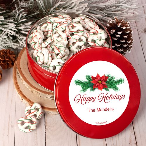 Personalized Happy Holidays Poinsettia Tin with Holiday Yogurt Pretzels (1lb approx 80 pcs)