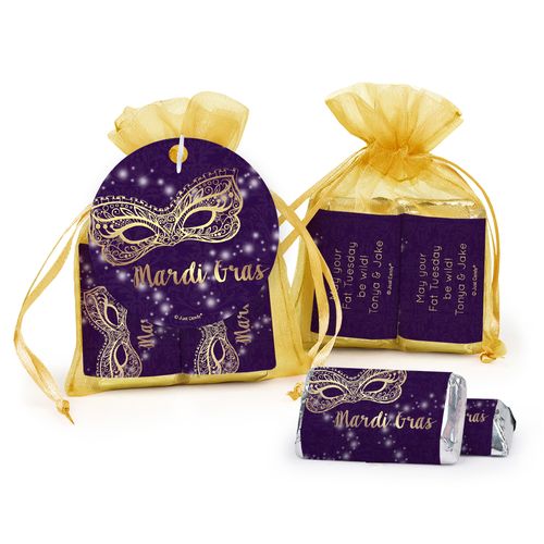 Personalized Mardi Gras Golden Elegance Hershey's Miniatures in Organza Bags with Gift Tag