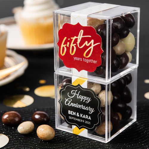 Personalized 50th Anniversary JUST CANDY® favor cube with Premium New York Espresso Beans