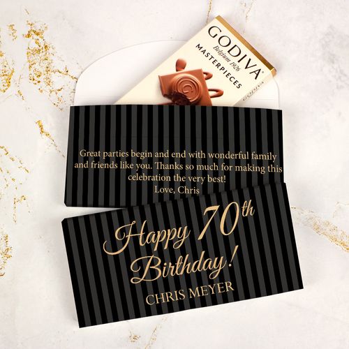 Deluxe Personalized Milestone 70th Birthday Pinstripes Godiva Chocolate Bar in Gift Box