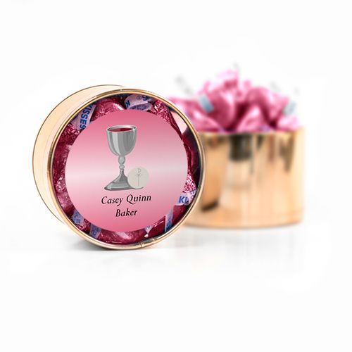 Personalized First Communion Pink Host & Silver Chalice Hershey's Kisses Medium Plastic Tin