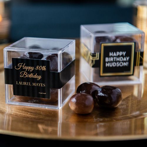 Personalized Milestone 80th Birthday JUST CANDY® favor cube with Premium Milk & Dark Chocolate Sea Salt Caramels