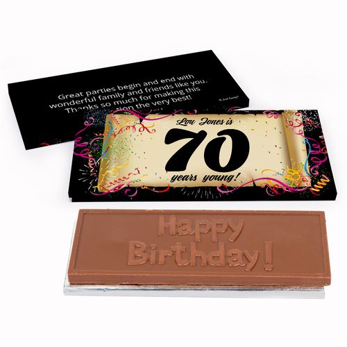 Deluxe Personalized 70th Confetti Birthday Birthday Chocolate Bar in Gift Box
