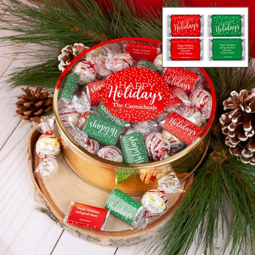 Personalized Happy Holidays XL Plastic Tin with Approx 1.2lb Personalized Hershey's Miniatures and Peppermint Lindor Truffles by Lindt