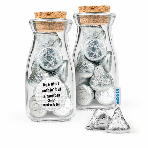 Personalized Milestones 50th Birthday Favor Assembled Glass Bottle with Cork Top Filled with Hershey's Kisses
