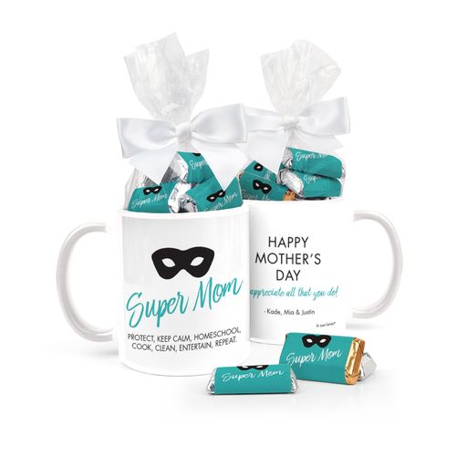 Personalized Mother's Day Super Mom 11oz Mug with approx. 24 Wrapped Hershey's Miniatures