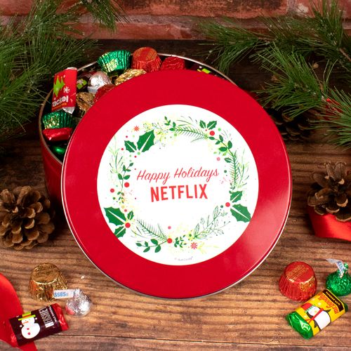 Personalized Christmas Gift Tin with Holiday Hershey Mix - Add Your Logo Simple Holiday Wreath