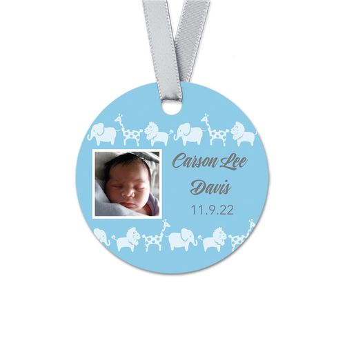 Personalized Baby Boy Bonnie Marcus Animal Parade Birth Announcement Round Favor Gift Tags (20 Pack)