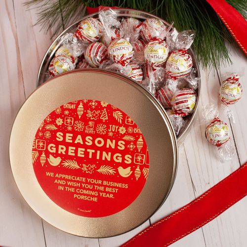 Personalized Christmas Season's Greetings Tin with Lindt Truffles (approx 35 pcs)