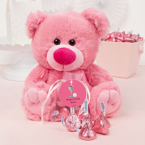 Personalized Girl Communion Host & Chalice Pink Teddy Bear and Organza Bag with Hershey's Kisses