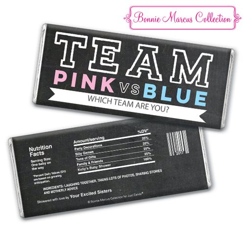 Personalized Bonnie Marcus Team Pink vs. Team Blue Gender Reveal Chocolate Bar & Wrapper