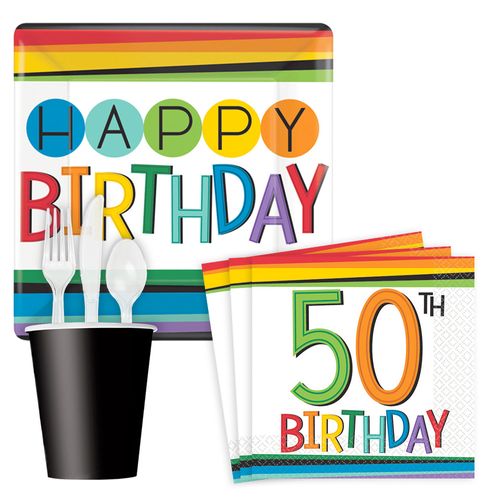 Rainbow Happy 50th Birthday Standard Tableware Kit Serves 8