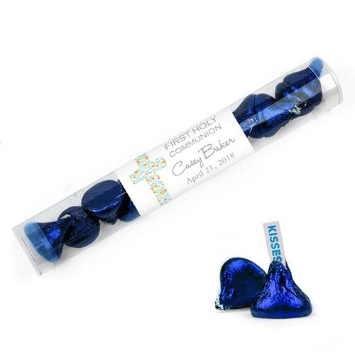 Personalized Boy First Communion Favor Assembled Clear Tube Filled with Hershey's Kisses