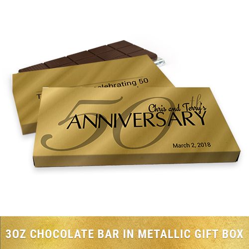 Deluxe Personalized Classic 50th Anniversary Chocolate Bar in Gold Metallic Gift Box