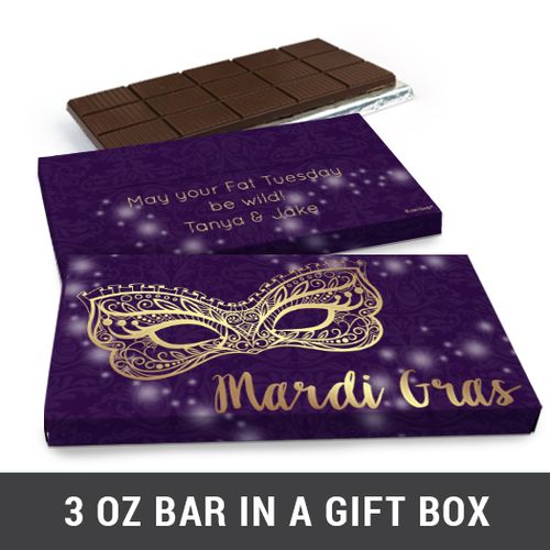Deluxe Personalized Mardi Gras Golden Elegance Chocolate Bar in Gift Box (3oz Bar)
