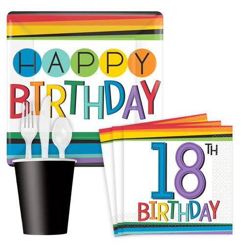 Rainbow Happy 18th Birthday Standard Tableware Kit Serves 8