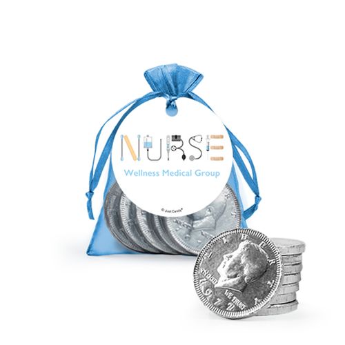 Personalized Nurse Appreciation First Aid Milk Chocolate Coins in Organza Bags with Gift Tag