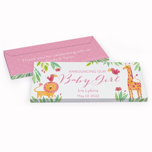 Deluxe Personalized Safari Snuggles Baby Girl Announcement Chocolate Bar in Gift Box