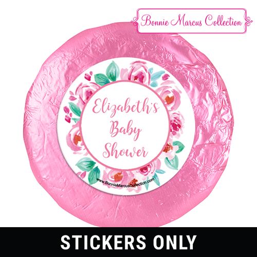 Personalized Bonnie Marcus Pink Floral Wreath Baby Shower 1.25in Stickers (48 Stickers)