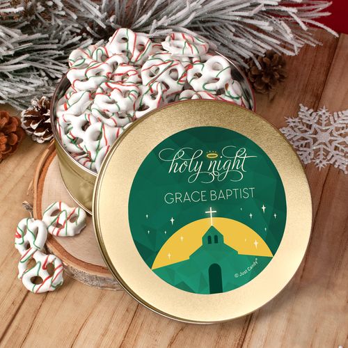Personalized Christmas Holy Celebration Tin with Holiday Yogurt Pretzels (1lb approx 80 pcs)