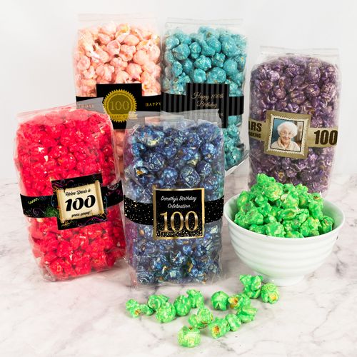 Personalized Milestone 100th Birthday Candy Coated Popcorn 8 oz Bags