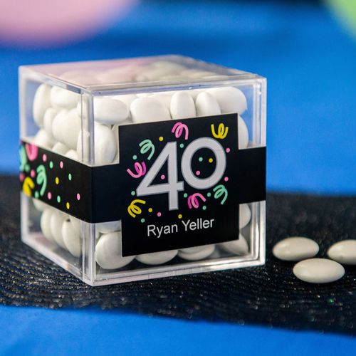 Personalized Milestone 40th Birthday JUST CANDY® favor cube with Just Candy Milk Chocolate Minis