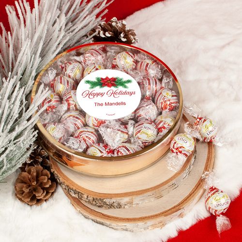 Personalized Happy Holidays Poinsettia Large Plastic Tin Lindor Peppermint Truffles by Lindt (24pcs)