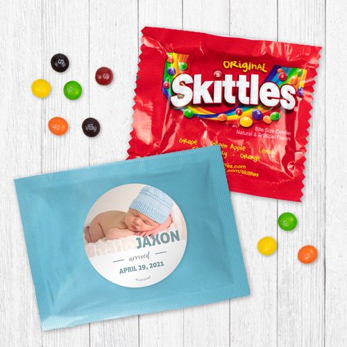 Personalized Boy Birth Announcement Say Hello Photo - Skittles