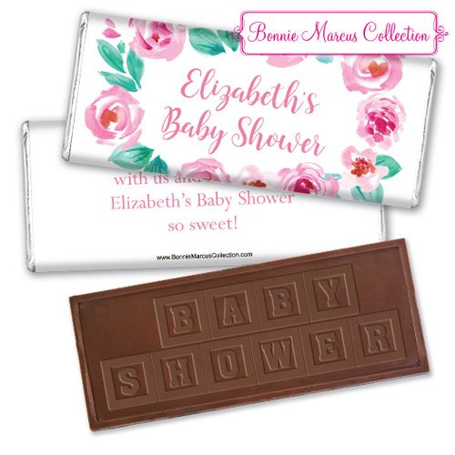 Personalized Bonnie Marcus Pink Floral Wreath Baby Shower Embossed Chocolate Bar & Wrapper