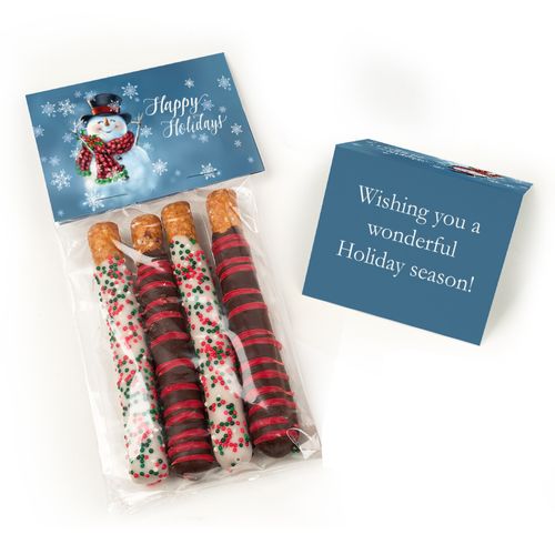 Happy Holidays Snowman Belgian Chocolate Covered Pretzel Sticks (4pcs)