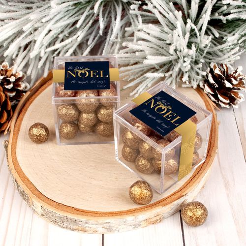 Personalized Christmas First Noel JUST CANDY® favor cube with Premium Sparkling Prosecco Cordials - Dark Chocolate