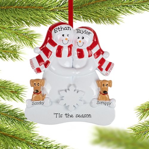 Personalized Snowman Couple with 2 Brown Dogs