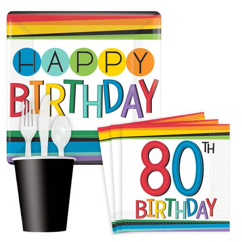 Rainbow Happy 80th Birthday Standard Tableware Kit Serves 8