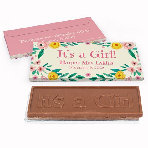 Deluxe Personalized Flowers Baby Girl Announcement Chocolate Bar in Gift Box
