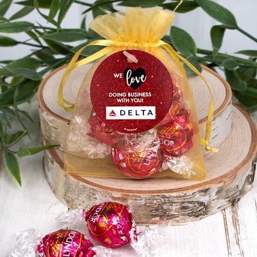 Personalized Valentine's Day Add Your Logo Dazzle Lindor Truffles by Lindt in Organza Bags with Gift Tag